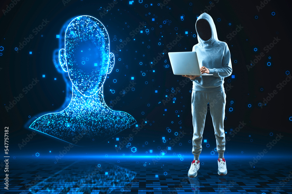Poster Hacker using laptop with glowing digital blue head outline on blurry dark background. Machine learning, hacking, AI and technology concept.