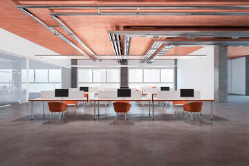 Modern grunge coworking office interior with city view and furniture. 3D Rendering.