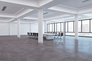 Modern meeting room interior with columns, furniture and panoramic city view. 3D Rendering.