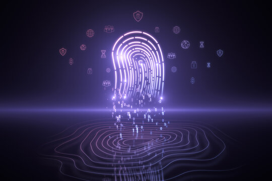 Glowing fingerprint hologram on blurry dark background. Identification and crime concept. 3D Rendering.