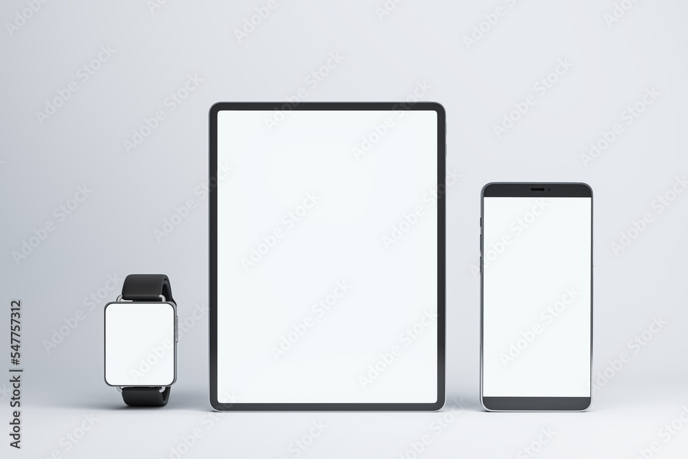 Poster front view on blank white modern devices screens with space for your logo or text, smart watches, di