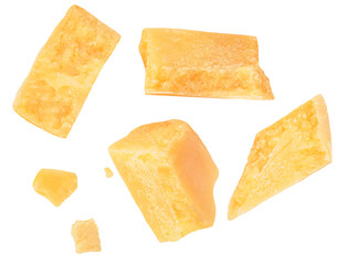 Pieces of parmesan cheese isolated on white background. Hard mature cheese Parmesan, Parmigiano in...