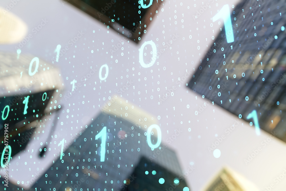 Leinwandbilder abstract virtual binary code sketch on blurry cityscape background, hacking and matrix concept. mult