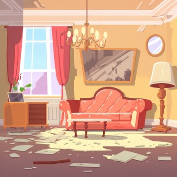 Abandoned living room interior, neglected apartment with cracked wall, holes in ceiling or floor, old broken furniture, deserted home or hotel after war or natural disaster Cartoon 2d illustrated