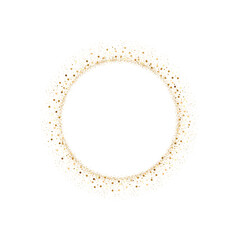 Golden splash or glittering spangles round frame with empty center for text. Golden glittering circle made of tiny uneven round dots on white background.