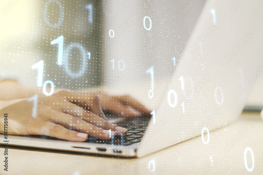 Aufkleber creative abstract binary code sketch and hands typing on computer keyboard on background, hacking an