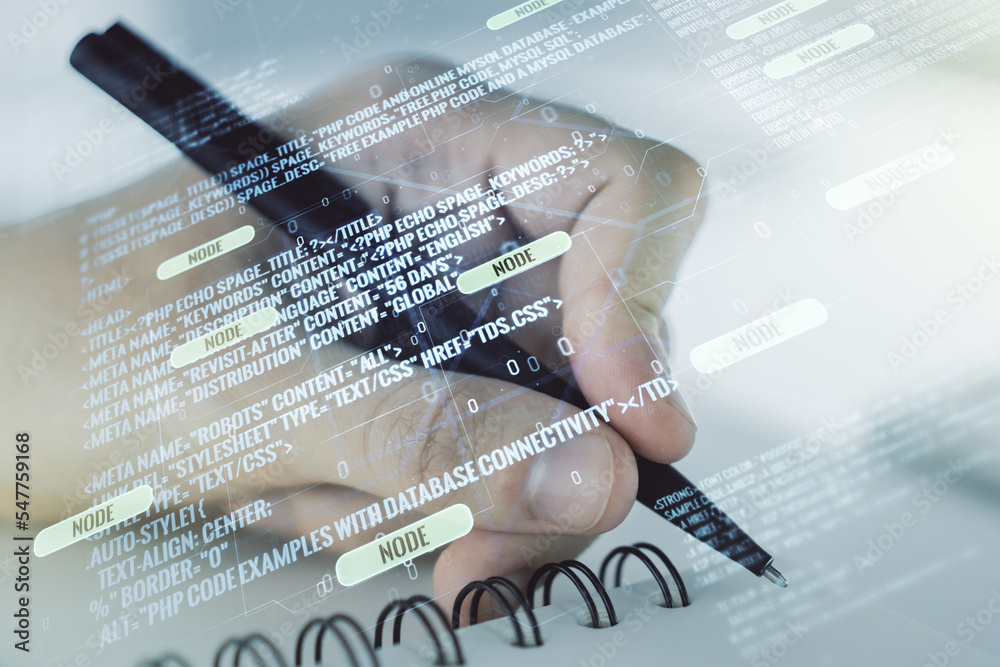 Fototapete Multi exposure of abstract software development hologram and man hand writing in notebook on background, research and analytics concept