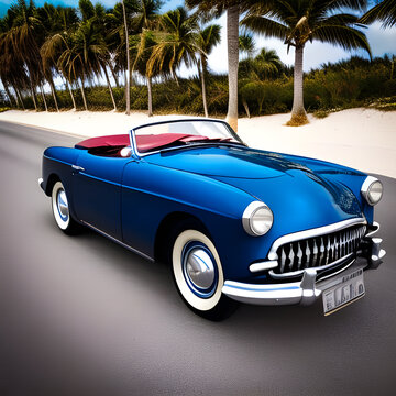 Going Topless #1009 -- A mid-1950's blue sports car convertible on a beachside roadway, created using artificial intelligence. No brand names, makes, models, or source photos were used.