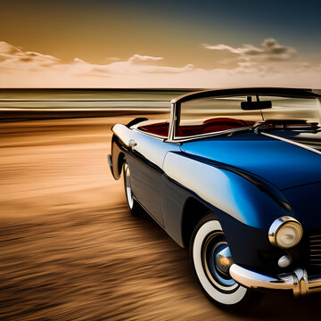 Going Topless #1010 -- A mid-1950's blue sports car convertible on a beach at sunset, created using artificial intelligence. No brand names, makes, models, or source photos were used.