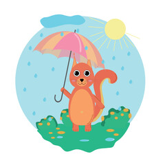 Squirrel with umbrella under spring rain. Vector illustrations for background, calendar, greeting card, party invitation card, website banner, social media banner, and marketing material.