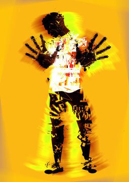 Desperate Black young man, Victim of violence and racism.
Illustration of Stylized male grunge silhouette with  arms in defensive position. 