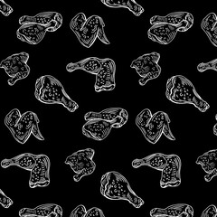 Chicken wings and legs, food chalk vector seamless pattern on black background. Concept for menu, cards, wallpaper, wrapping paper
