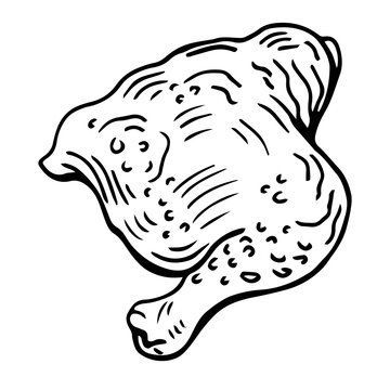 Chicken leg. Juicy meat with cuts. Sketch. Vector illustration. Coloring book for children. Chicken leg ready for frying. Outline on isolated background. Doodle style. Idea for web design.