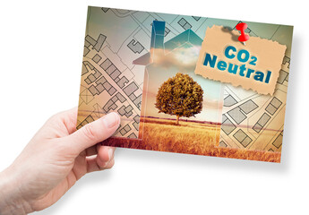 Reduction of CO2 presence in the atmosphere - jigsaw puzzle concept image against a green wild grass with an isolated tree in a wheatfield