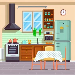 Cozy kitchen interior with furniture and stove, cupboard, fridge and utensils. Flat style 2d illustrated illustration.
