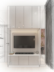 Fototapeta premium sketch design of interior living, 3d rendering