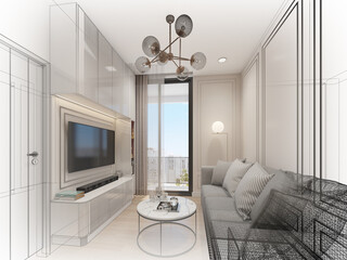 sketch design of interior living, 3d rendering