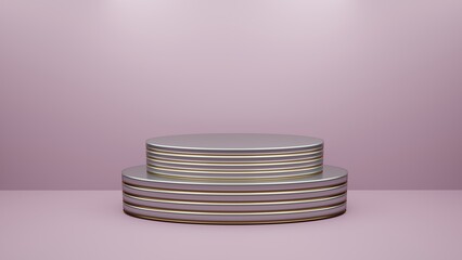 Empty double oval silver podium with gold accents on a pink background. Stand on a with background. Silver stand for product or product presentation