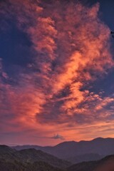 Sunset above valley Buddhist monastery Nepal in the Himalaya mountains