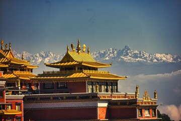 Sunset above valley Buddhist monastery Nepal in the Himalaya mountains - obrazy, fototapety, plakaty