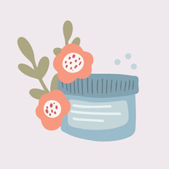 Cute jars of natural Organic Cosmetic. Herbal skincare products with flowers and leaves. Eco friendly concept