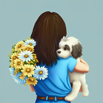 Rear view of brunette girl wears blue pants yellow t shirt holds kawaii fluffy playful puppy lies on her shoulder. Bouquet of large daisies. Nature lover. Minimal 3d render isolated on white backdrop.