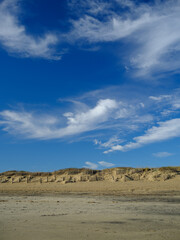 Vertical image of the erosion caused by storms and the storm fencing to protect the fragile environment of the sand dunes along the beaches of the Outer Banks of North Carolina