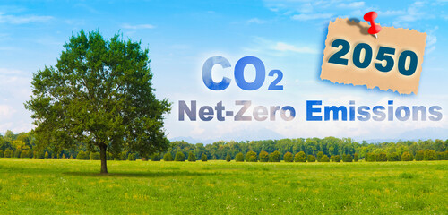 CO2 Net-Zero Emission concept against a forest - Carbon Neutrality concept - 2050 According to European law