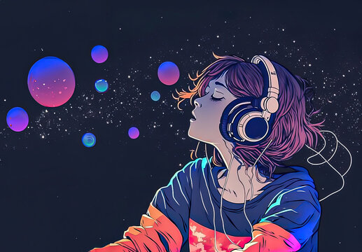 Beautiful anime girl floating in space with stars, listening to lofi hip hop music with headphones.