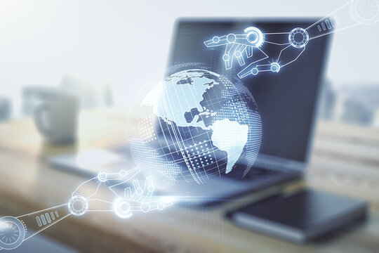 Creative concept of robotics technology with globe sketch and modern desktop with computer on background. Robot development and automation concept. Multiexposure