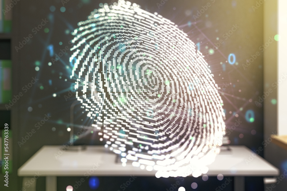 Poster Double exposure of abstract creative fingerprint hologram and modern desktop with laptop on background, research and development concept