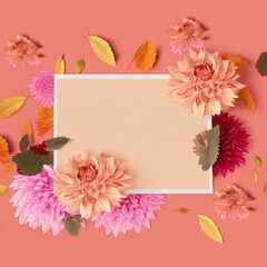 a bright floral garland of autumn dahlias on a pink background top view flat styling a copy of the space autumn composition postcard poster , anime style