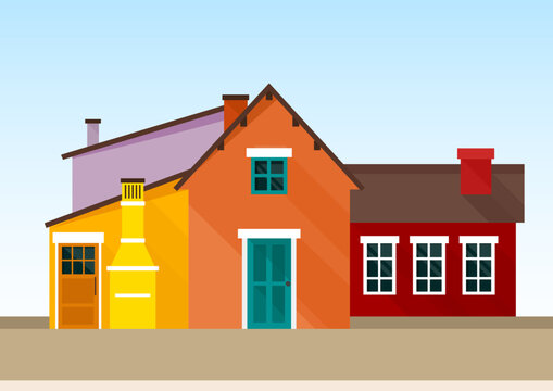 Bright yellow, orange and purple houses with blue windows stand side by side. In the background the sky, in front - the roadbed