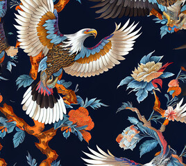 Fototapeta premium Eagle Chinoiserie Pattern, bright colorful and retro