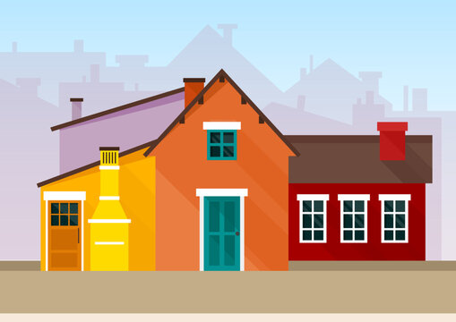 Cityscape of colorful bright yellow, red and orange houses in scandinavian style
