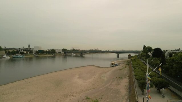 Drying River Rhine with a low level of water after a drought in Rhein, Germany