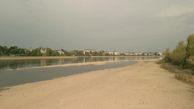 Drying River Rhine with a low level of water after a drought in Rhein, Germany