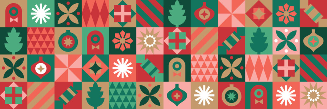 Christmas icons elements with geometric seamless vector pattern for wrapping paper, background, wallpaper. Holiday season, modern, contemporary abstract design.