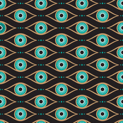 Evil eye vector seamless pattern. Magic, witchcraft, occult symbol, line art collection. Hamsa eye, magical eye, decor element. Blue, white, golden eyes. Fabric, textile, giftware, wallpaper.