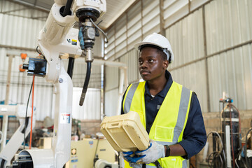 African American male engineer using robot controller working with adept robot arm in workshop. Male technician working with control automatic robot arm system welding in robot manufacturing factory