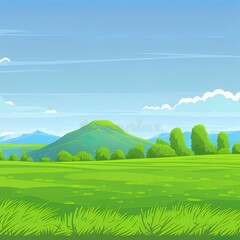 Fototapeta premium Lush light green lawn, field, hills, green deciduous bushes. Countryside, spring or summer time of year. Blue clear sky. Cartoon design for banners, sites. Flat 2d illustrated image of beauty