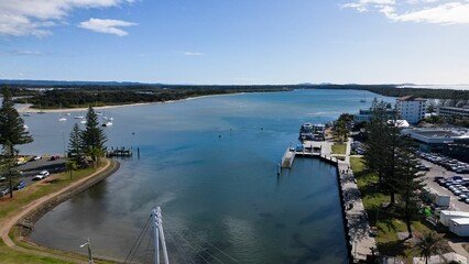 Aerial shot of Port Macquarie in Australia with a cloudscape in the background