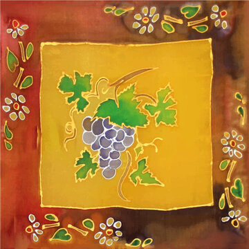 Racimo de uvas pon marco decorativo de flores. Ilustraci&oacute;n con marco decorativo con motivos florales, pintado a mano en pa&ntilde;uelo de seda. 
