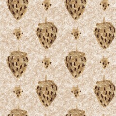 Brown linen strawberry vintage seamless pattern. Cottagecore marl retro summer fruit wallpaper. Whimsical sweet healthy berry background. 