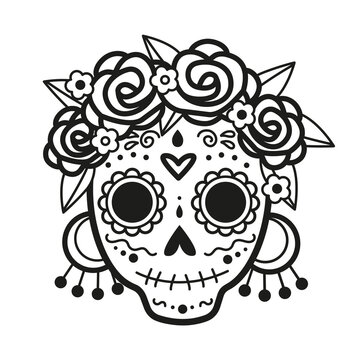 Black cartoon sugar skull mask isolated on white background vector illustration. Sugar skull paper decoration Day Of The Dead, Halloween, party, traditional Mexican carnival. Skull icon, symbol