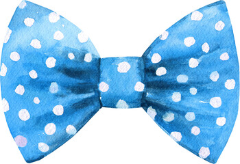 Watercolor blue polka dot bowtie illustration. Hipster funny clothes accessories, character creator decor fashion element isolated. Cute drawing clipart element cutout for man, woman, summer clothes	