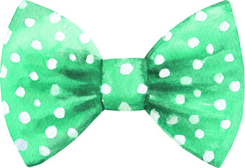 Watercolor green polka dot bowtie illustration. Hipster funny clothes accessories, character creator decor fashion element isolated. Cute drawing clipart element cutout for man, woman, summer clothes	