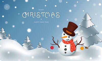  Merry Christmas greeting text with snowman character and fir tree element in snowy outdoor background for xmas holiday season celebration. Merry Christmas and Happy New Year.Vector illustration