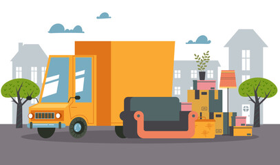 Naklejka premium Delivery house move truck furniture cargo abstract design element concept illustration