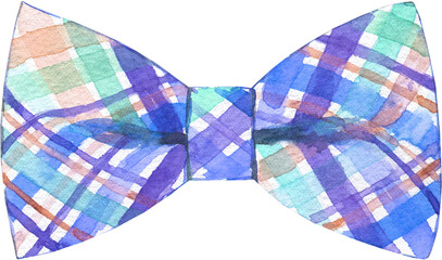 Watercolor blue plaid bowtie illustration. Hipster funny Easter spring clothes accessories, character creator decor fashion element isolated. Cute drawing clipart element cutout for man, woman